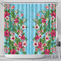 Hawaii Tropical Flowers Shower Curtain Sky Blue Polynesian Tattoo Art
