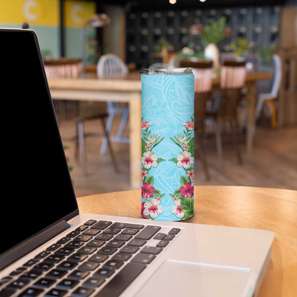 Hawaii Tropical Flowers Skinny Tumbler Sky Blue Polynesian Tattoo Art