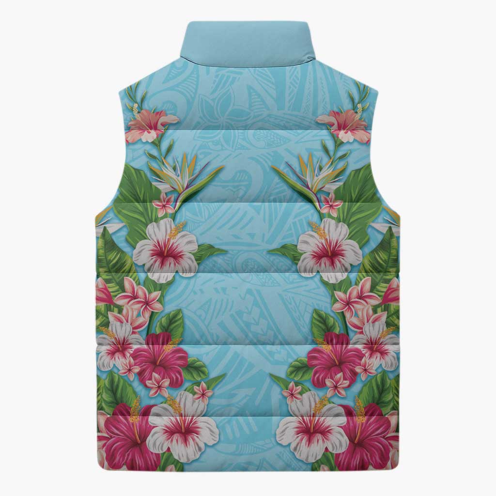 Hawaii Tropical Flowers Sleeveless Puffer Jacket Sky Blue Polynesian Tattoo Art
