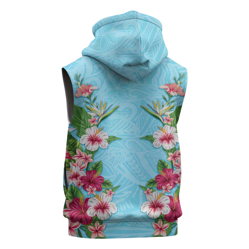 Hawaii Tropical Flowers Sleeveless Zip Hoodie Sky Blue Polynesian Tattoo Art LT05 - Polynesian Pride