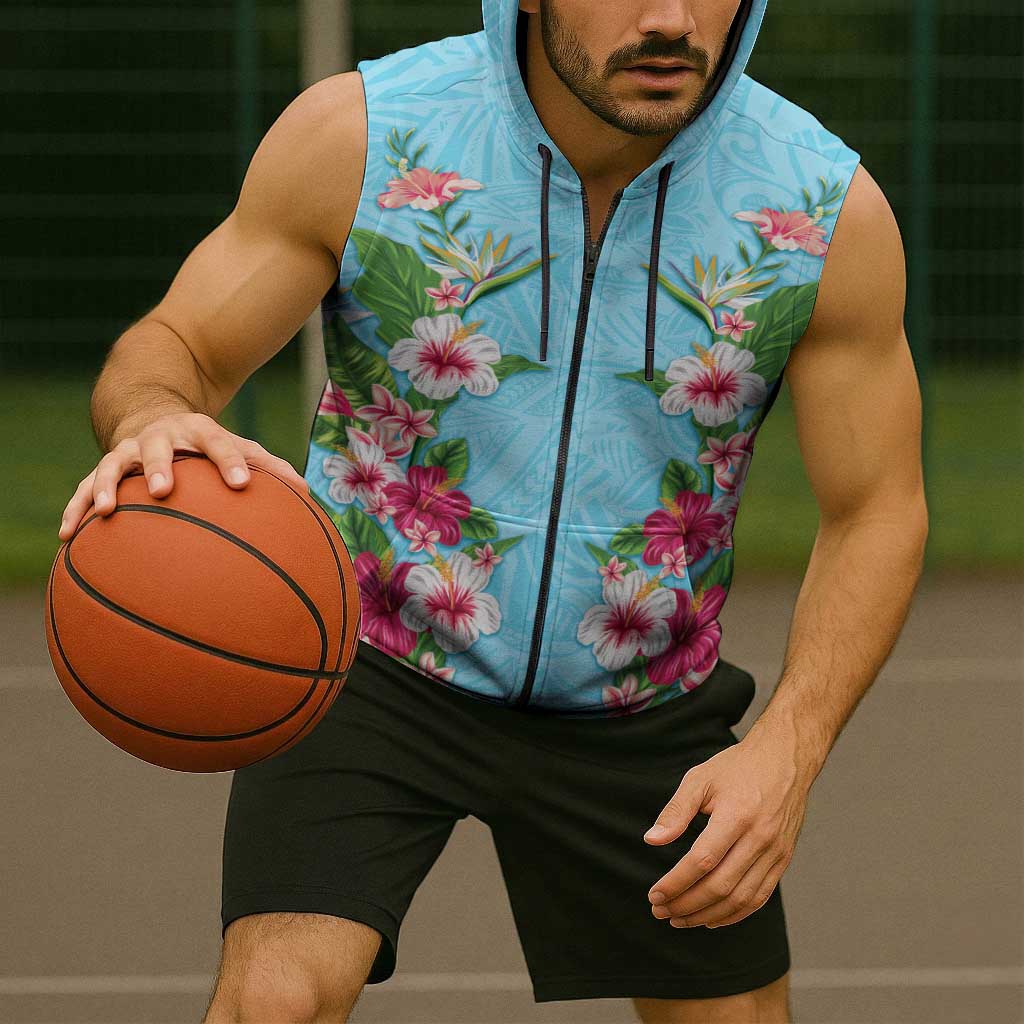 Hawaii Tropical Flowers Sleeveless Zip Hoodie Sky Blue Polynesian Tattoo Art LT05 - Polynesian Pride