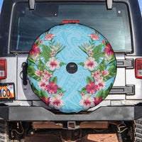 Hawaii Tropical Flowers Spare Tire Cover Sky Blue Polynesian Tattoo Art