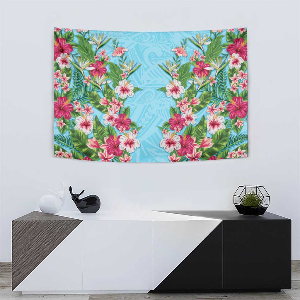 Hawaii Tropical Flowers Tapestry Sky Blue Polynesian Tattoo Art
