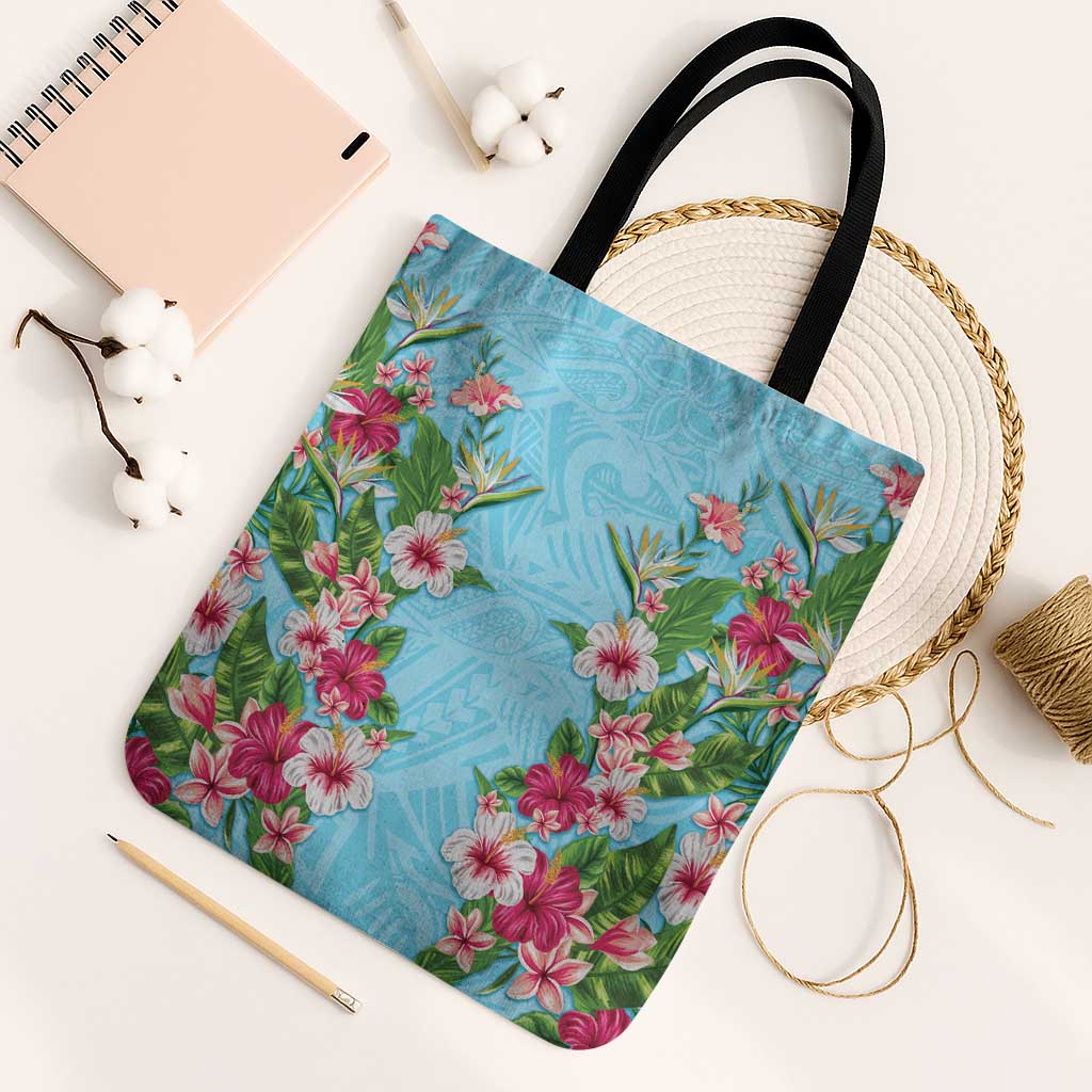 Hawaii Tropical Flowers Tote Bag Sky Blue Polynesian Tattoo Art