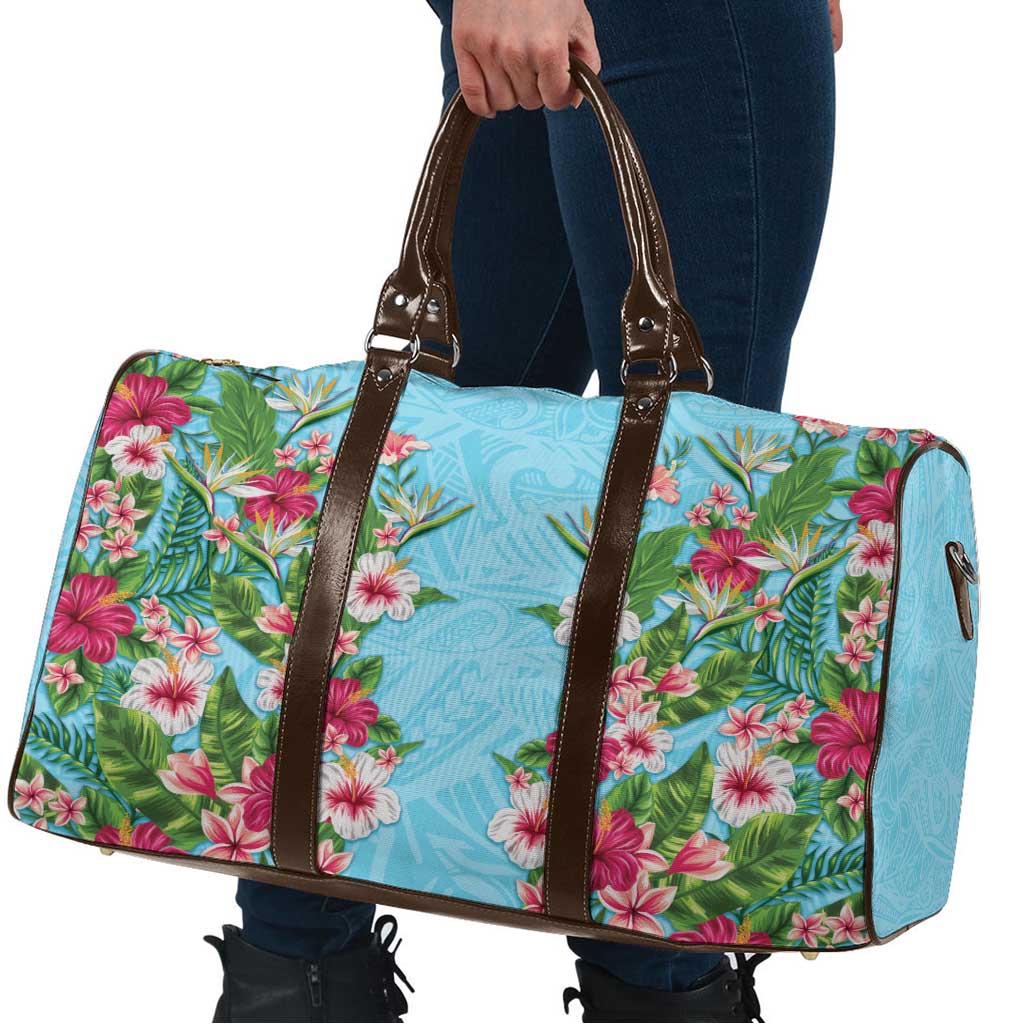 Hawaii Tropical Flowers Travel Bag Sky Blue Polynesian Tattoo Art