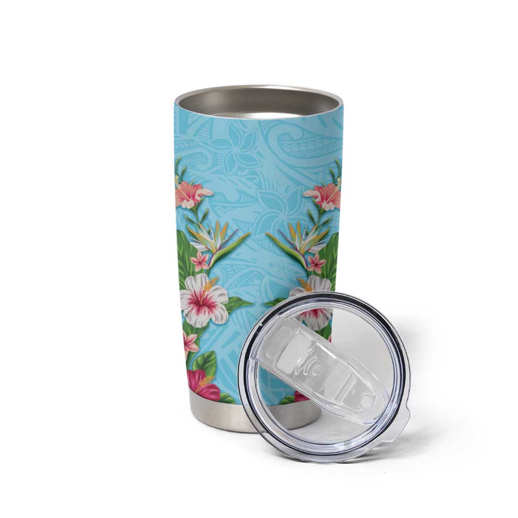 Hawaii Tropical Flowers Tumbler Cup Sky Blue Polynesian Tattoo Art