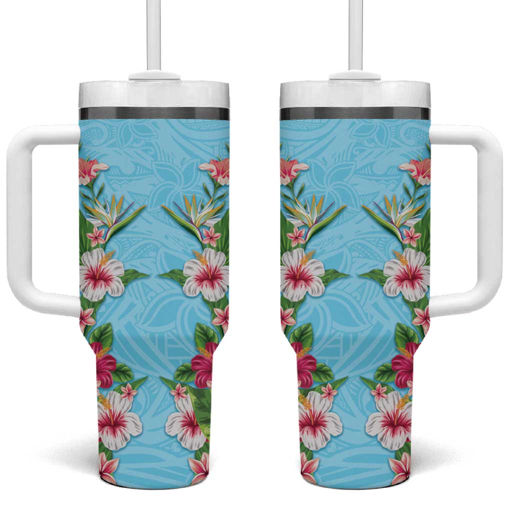 Hawaii Tropical Flowers Tumbler With Handle Sky Blue Polynesian Tattoo Art LT05 One Size: 40 oz Blue - Polynesian Pride