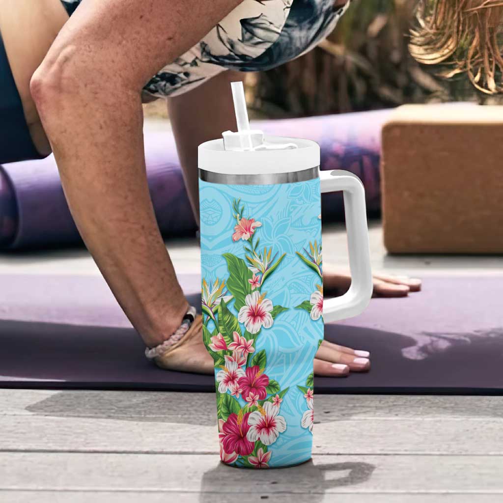 Hawaii Tropical Flowers Tumbler With Handle Sky Blue Polynesian Tattoo Art LT05 - Polynesian Pride