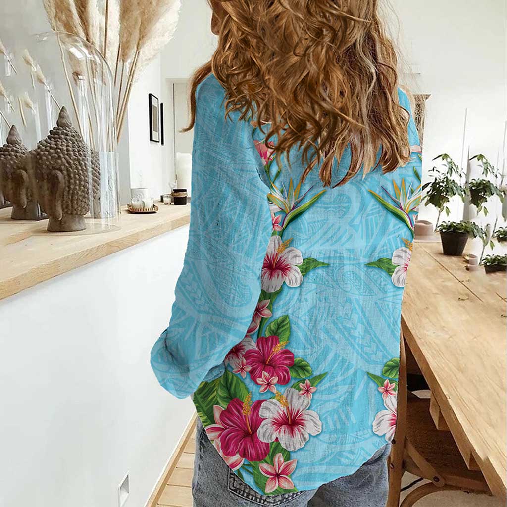 Hawaii Tropical Flowers Women Casual Shirt Sky Blue Polynesian Tattoo Art
