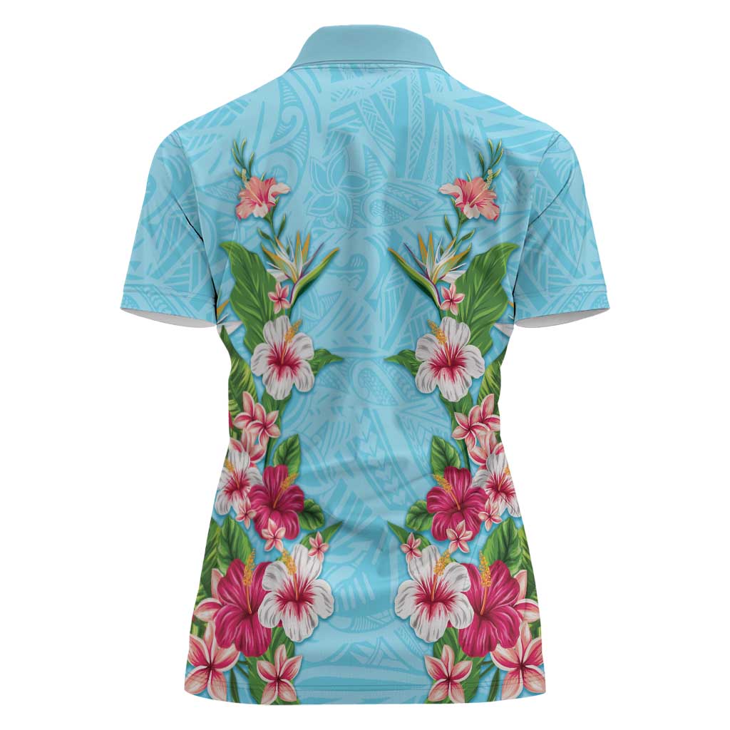 Hawaii Tropical Flowers Women Polo Shirt Sky Blue Polynesian Tattoo Art