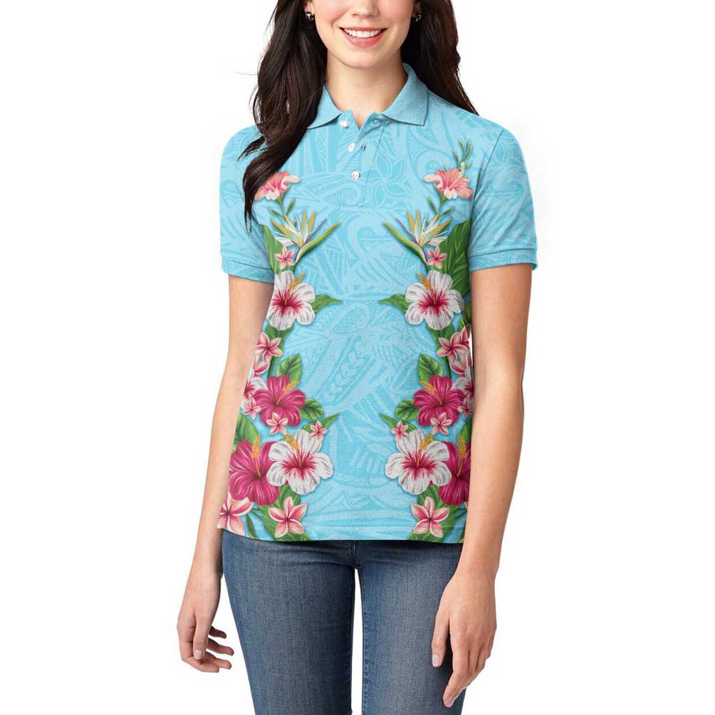 Hawaii Tropical Flowers Women Polo Shirt Sky Blue Polynesian Tattoo Art