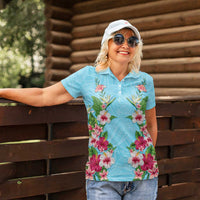 Hawaii Tropical Flowers Women Polo Shirt Sky Blue Polynesian Tattoo Art