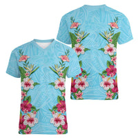 Hawaii Tropical Flowers Women V-Neck T-Shirt Sky Blue Polynesian Tattoo Art LT05 - Polynesian Pride