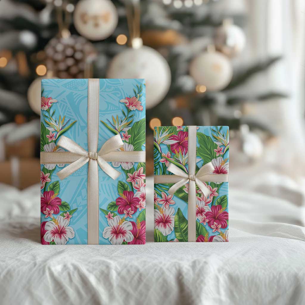Hawaii Tropical Flowers Wrapping Paper Sky Blue Polynesian Tattoo Art