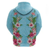 Hawaii Tropical Flowers Zip Hoodie Sky Blue Polynesian Tattoo Art