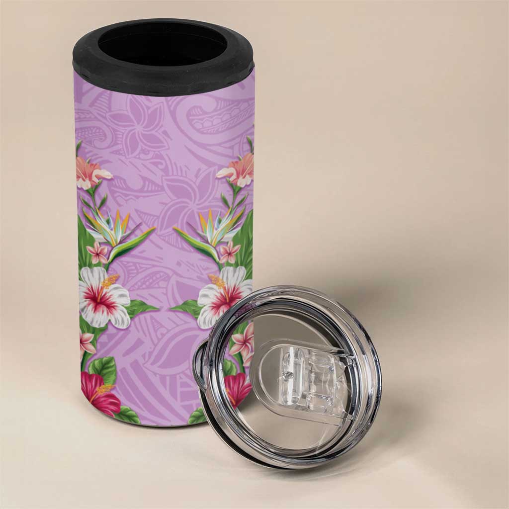 Hawaii Tropical Flowers 4 in 1 Can Cooler Tumbler Lavender Polynesian Tattoo Art