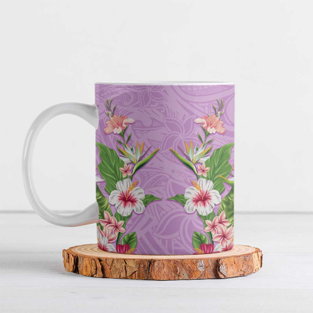 Hawaii Tropical Flowers Ceramic Mug Lavender Polynesian Tattoo Art