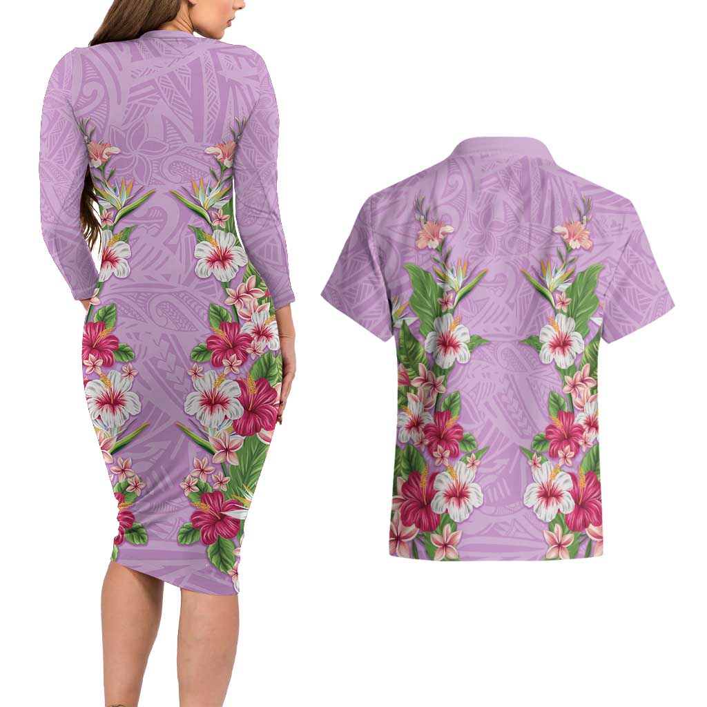 Hawaii Tropical Flowers Couples Matching Long Sleeve Bodycon Dress and Hawaiian Shirt Lavender Polynesian Tattoo Art LT05 - Polynesian Pride