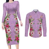 Hawaii Tropical Flowers Couples Matching Long Sleeve Bodycon Dress and Long Sleeve Button Shirt Lavender Polynesian Tattoo Art LT05 Lavender - Polynesian Pride