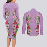 Hawaii Tropical Flowers Couples Matching Long Sleeve Bodycon Dress and Long Sleeve Button Shirt Lavender Polynesian Tattoo Art LT05 - Polynesian Pride