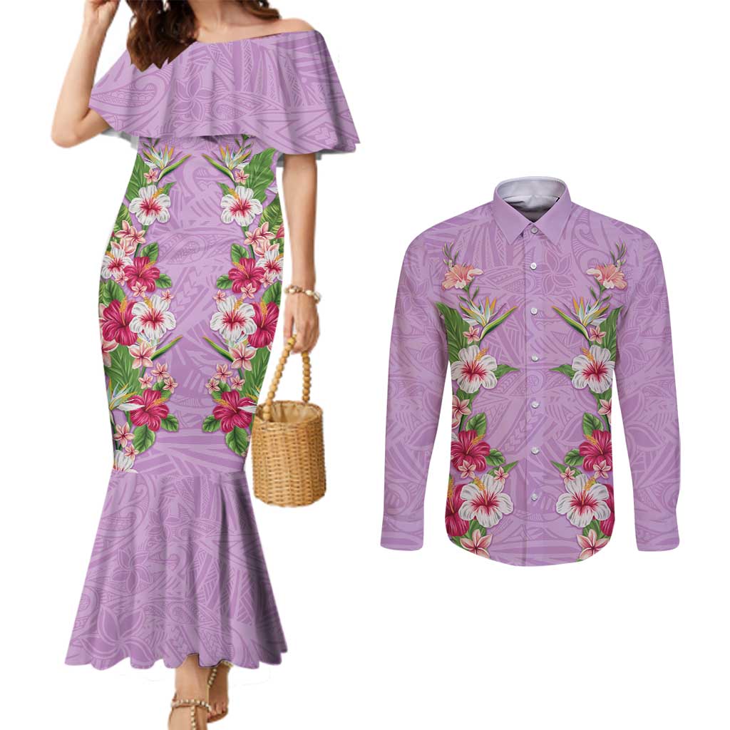 Hawaii Tropical Flowers Couples Matching Mermaid Dress and Long Sleeve Button Shirt Lavender Polynesian Tattoo Art