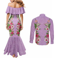 Hawaii Tropical Flowers Couples Matching Mermaid Dress and Long Sleeve Button Shirt Lavender Polynesian Tattoo Art LT05 - Polynesian Pride