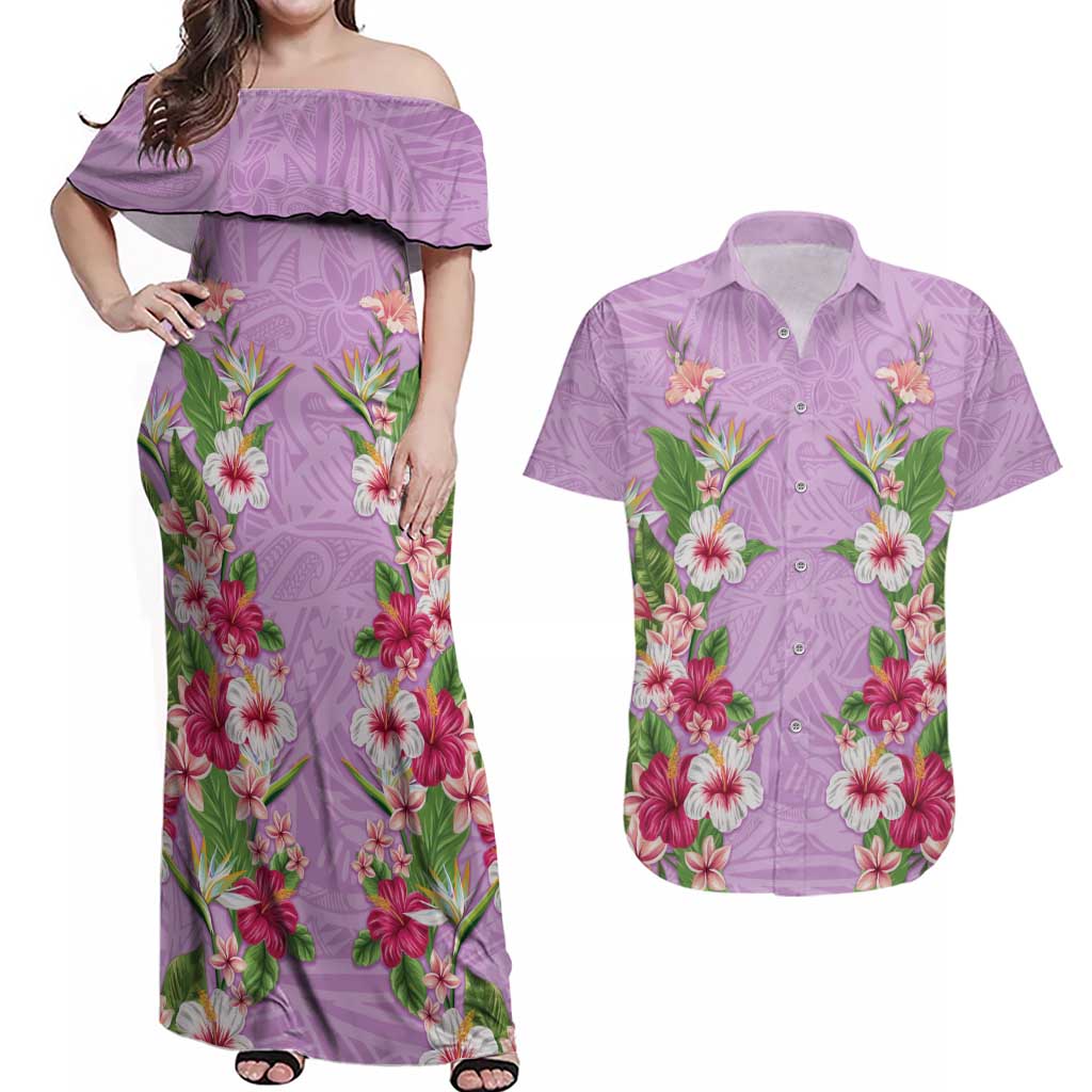 Hawaii Tropical Flowers Couples Matching Off Shoulder Maxi Dress and Hawaiian Shirt Lavender Polynesian Tattoo Art LT05 Lavender - Polynesian Pride