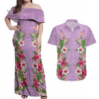 Hawaii Tropical Flowers Couples Matching Off Shoulder Maxi Dress and Hawaiian Shirt Lavender Polynesian Tattoo Art LT05 Lavender - Polynesian Pride