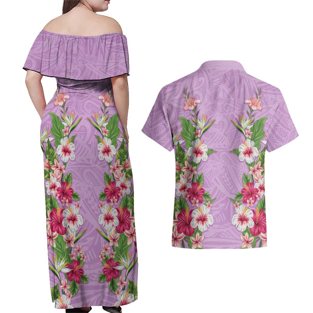 Hawaii Tropical Flowers Couples Matching Off Shoulder Maxi Dress and Hawaiian Shirt Lavender Polynesian Tattoo Art LT05 - Polynesian Pride