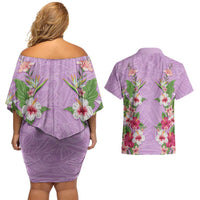 Hawaii Tropical Flowers Couples Matching Off Shoulder Short Dress and Hawaiian Shirt Lavender Polynesian Tattoo Art LT05 - Polynesian Pride