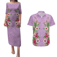Hawaii Tropical Flowers Couples Matching Puletasi and Hawaiian Shirt Lavender Polynesian Tattoo Art LT05 Lavender - Polynesian Pride