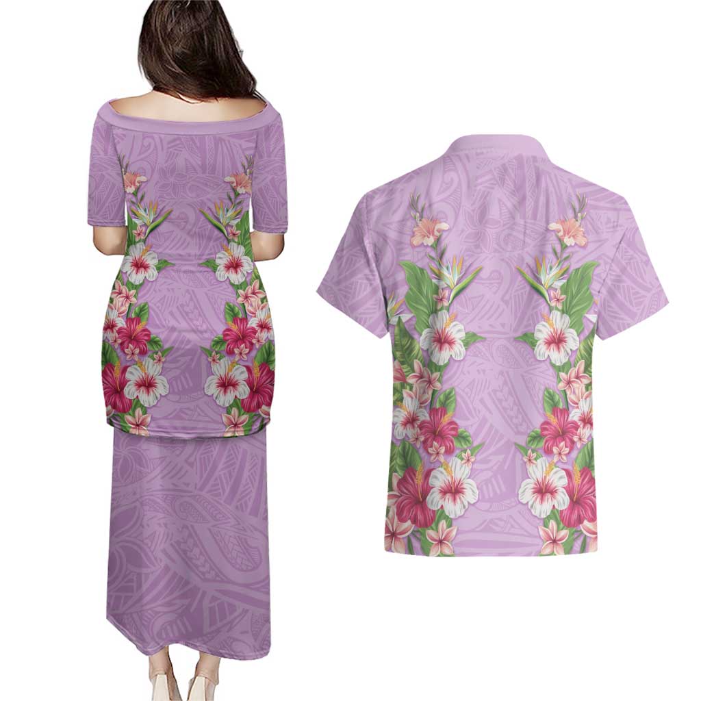 Hawaii Tropical Flowers Couples Matching Puletasi and Hawaiian Shirt Lavender Polynesian Tattoo Art LT05 - Polynesian Pride