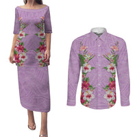 Hawaii Tropical Flowers Couples Matching Puletasi and Long Sleeve Button Shirt Lavender Polynesian Tattoo Art