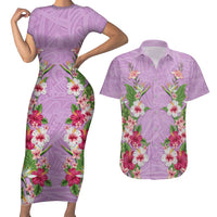 Hawaii Tropical Flowers Couples Matching Short Sleeve Bodycon Dress and Hawaiian Shirt Lavender Polynesian Tattoo Art LT05 Lavender - Polynesian Pride