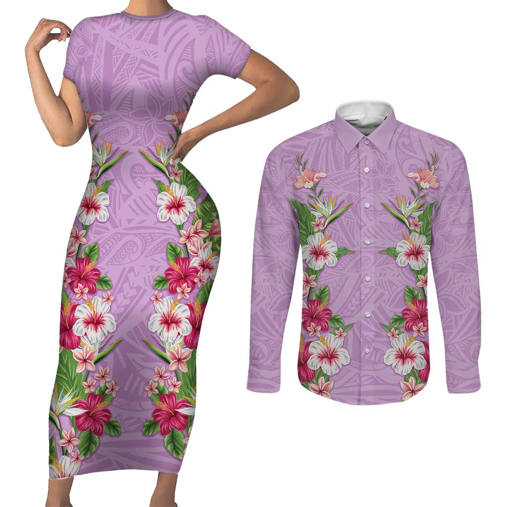 Hawaii Tropical Flowers Couples Matching Short Sleeve Bodycon Dress and Long Sleeve Button Shirt Lavender Polynesian Tattoo Art LT05 Lavender - Polynesian Pride