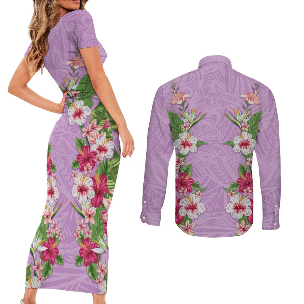 Hawaii Tropical Flowers Couples Matching Short Sleeve Bodycon Dress and Long Sleeve Button Shirt Lavender Polynesian Tattoo Art LT05 - Polynesian Pride