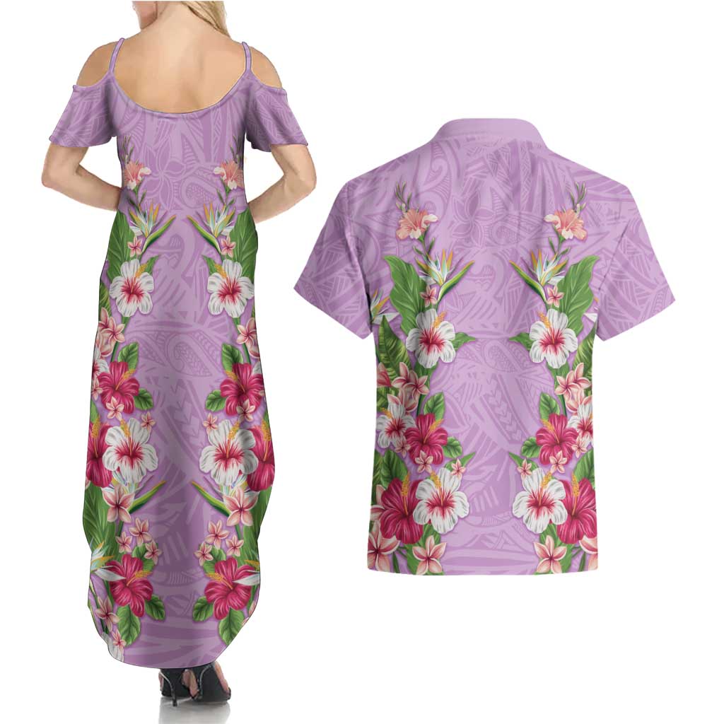 Hawaii Tropical Flowers Couples Matching Summer Maxi Dress and Hawaiian Shirt Lavender Polynesian Tattoo Art LT05 - Polynesian Pride