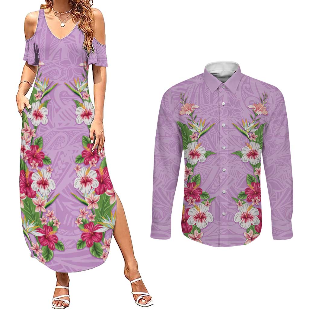 Hawaii Tropical Flowers Couples Matching Summer Maxi Dress and Long Sleeve Button Shirt Lavender Polynesian Tattoo Art LT05 Lavender - Polynesian Pride