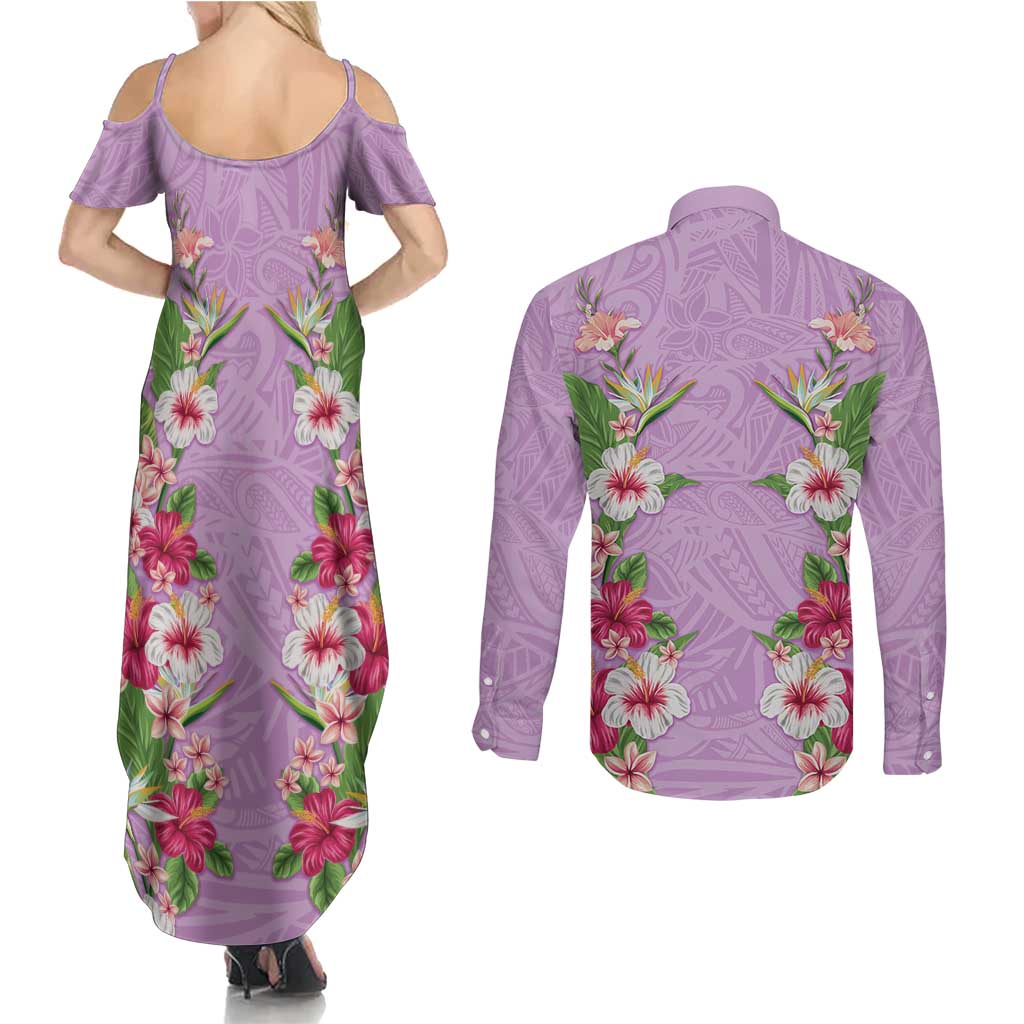 Hawaii Tropical Flowers Couples Matching Summer Maxi Dress and Long Sleeve Button Shirt Lavender Polynesian Tattoo Art LT05 - Polynesian Pride