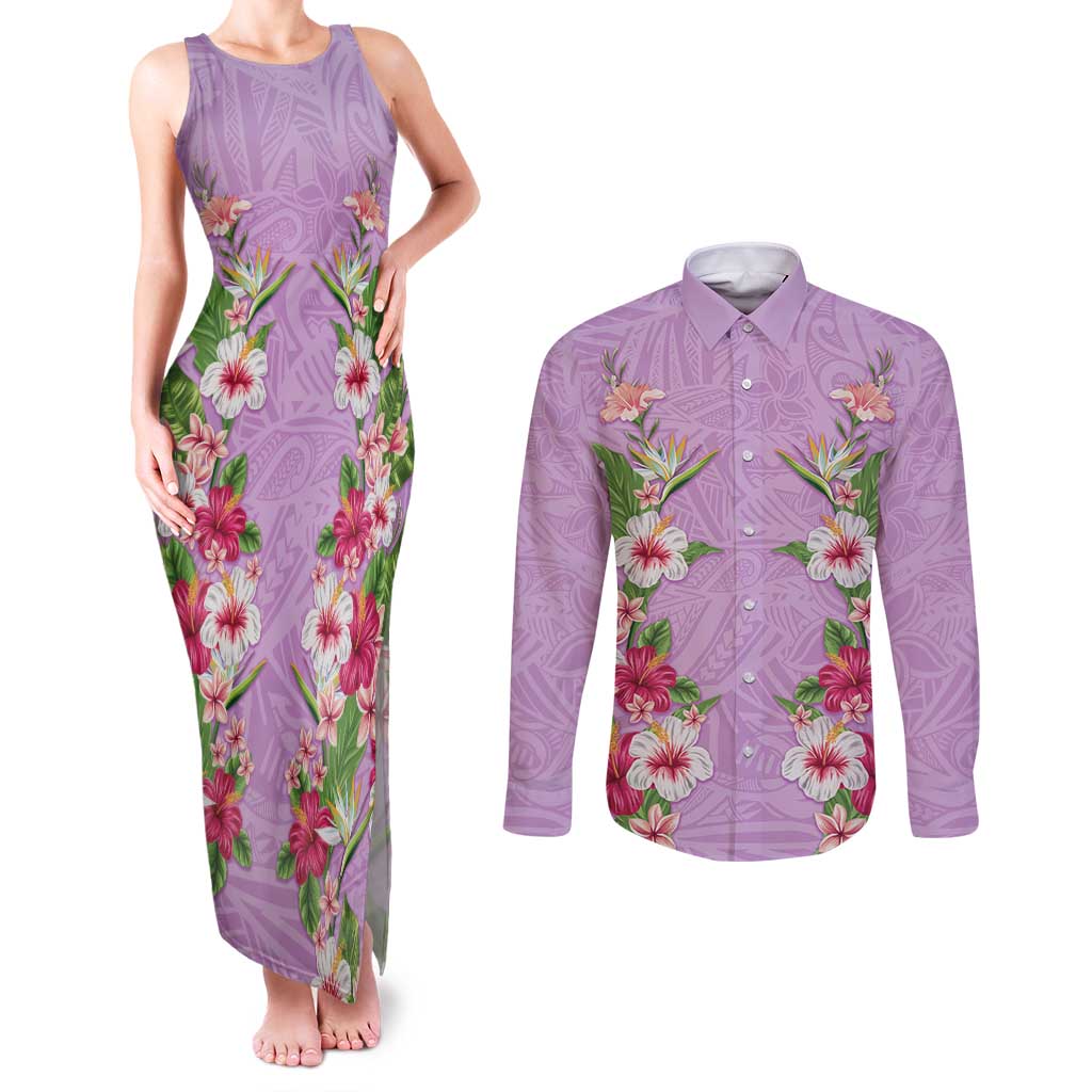 Hawaii Tropical Flowers Couples Matching Tank Maxi Dress and Long Sleeve Button Shirt Lavender Polynesian Tattoo Art