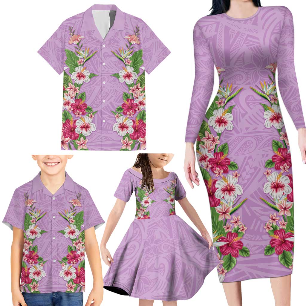 Hawaii Tropical Flowers Family Matching Long Sleeve Bodycon Dress and Hawaiian Shirt Lavender Polynesian Tattoo Art