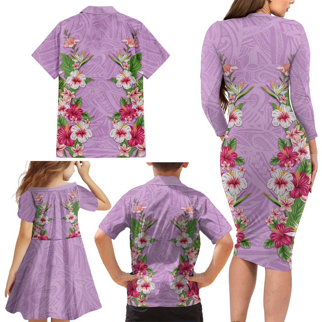 Hawaii Tropical Flowers Family Matching Long Sleeve Bodycon Dress and Hawaiian Shirt Lavender Polynesian Tattoo Art LT05 - Polynesian Pride