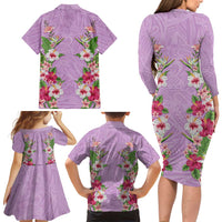 Hawaii Tropical Flowers Family Matching Long Sleeve Bodycon Dress and Hawaiian Shirt Lavender Polynesian Tattoo Art LT05 - Polynesian Pride