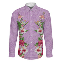 Hawaii Tropical Flowers Family Matching Long Sleeve Bodycon Dress and Hawaiian Shirt Lavender Polynesian Tattoo Art LT05 Dad's Shirt - Long Sleeve Lavender - Polynesian Pride
