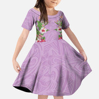 Hawaii Tropical Flowers Family Matching Mermaid Dress and Hawaiian Shirt Lavender Polynesian Tattoo Art LT05 Daughter's Dress Lavender - Polynesian Pride