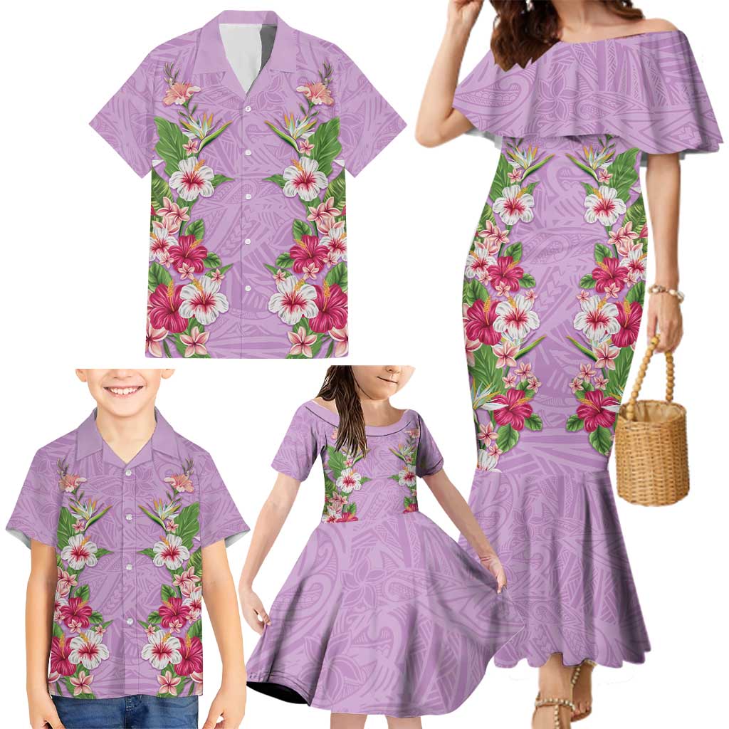 Hawaii Tropical Flowers Family Matching Mermaid Dress and Hawaiian Shirt Lavender Polynesian Tattoo Art