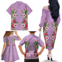 Hawaii Tropical Flowers Family Matching Off The Shoulder Long Sleeve Dress and Hawaiian Shirt Lavender Polynesian Tattoo Art LT05 - Polynesian Pride