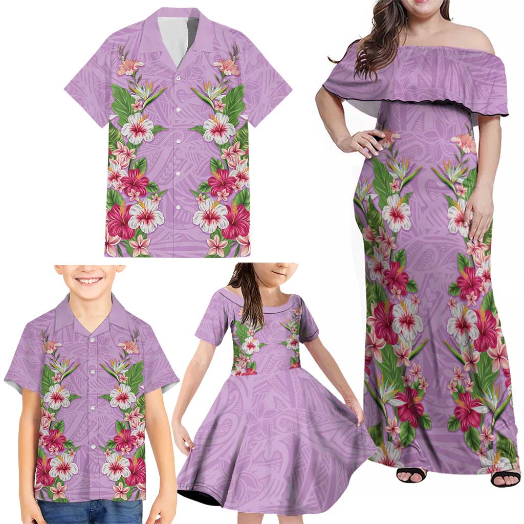 Hawaii Tropical Flowers Family Matching Off Shoulder Maxi Dress and Hawaiian Shirt Lavender Polynesian Tattoo Art LT05 - Polynesian Pride