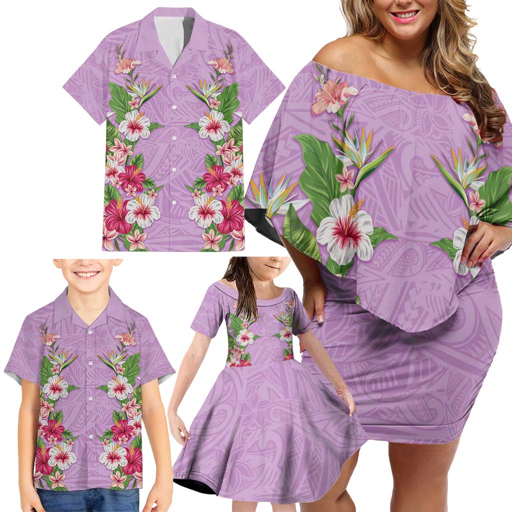 Hawaii Tropical Flowers Family Matching Off Shoulder Short Dress and Hawaiian Shirt Lavender Polynesian Tattoo Art LT05 - Polynesian Pride