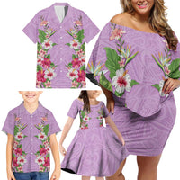 Hawaii Tropical Flowers Family Matching Off Shoulder Short Dress and Hawaiian Shirt Lavender Polynesian Tattoo Art LT05 - Polynesian Pride